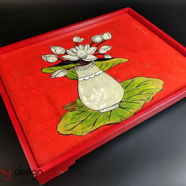 Rectangle lacquer tray with hand painted lotus vase 42x32xH5cm